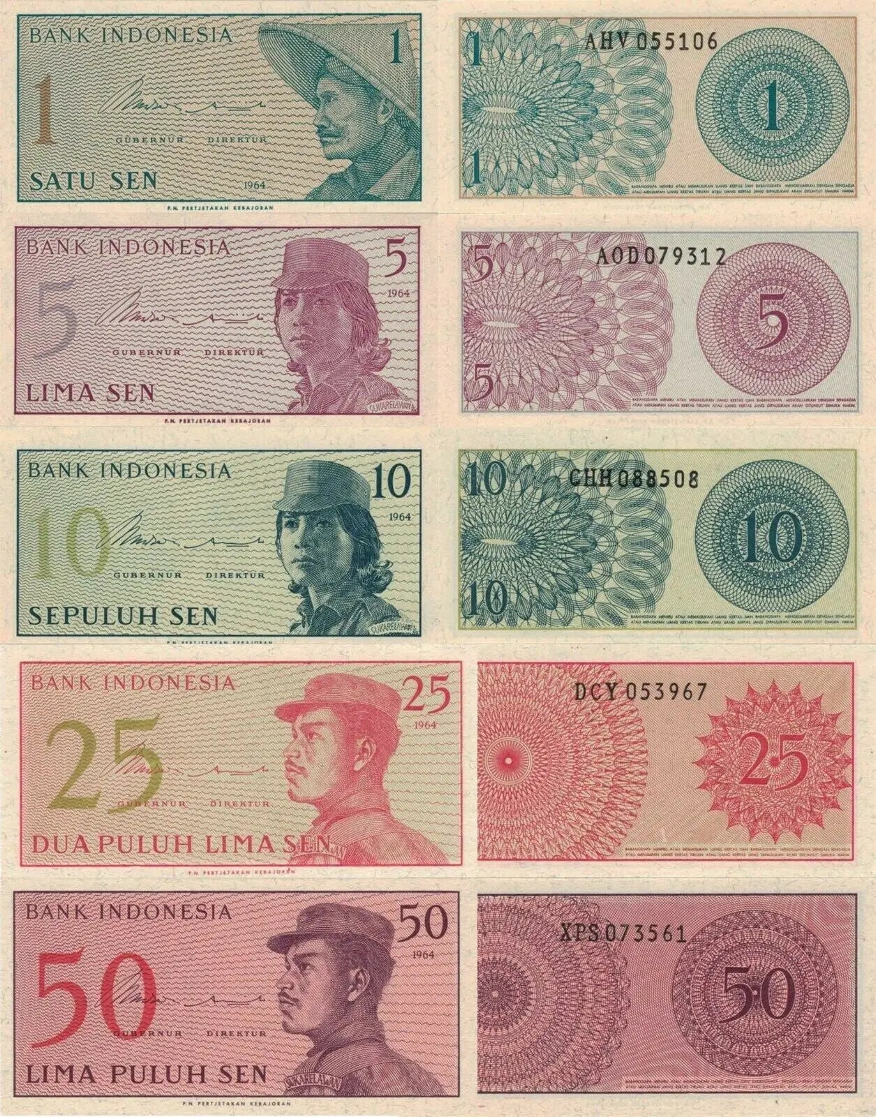 Indonesia 5 PCS Set: 1 to 50 Sen (1964)  UNC