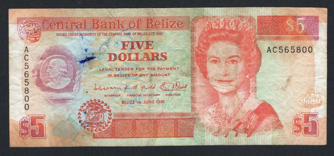 Belize 5 Dollars 1991 Circulated/F10