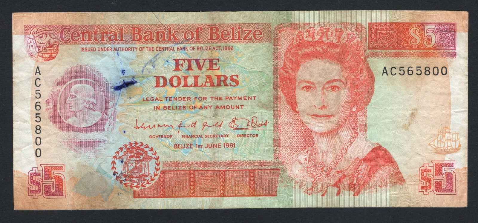 Belize 5 Dollars 1991 Circulated/F10