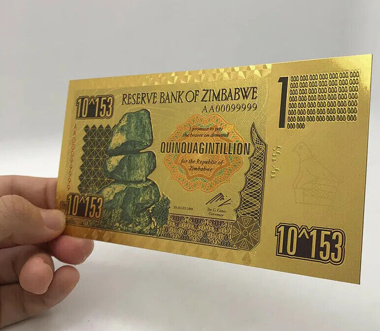 Zimbabwe 1 Quinquagintillion Dollars Gold Foil Banknote 100 Trillion Series - worldbanknote