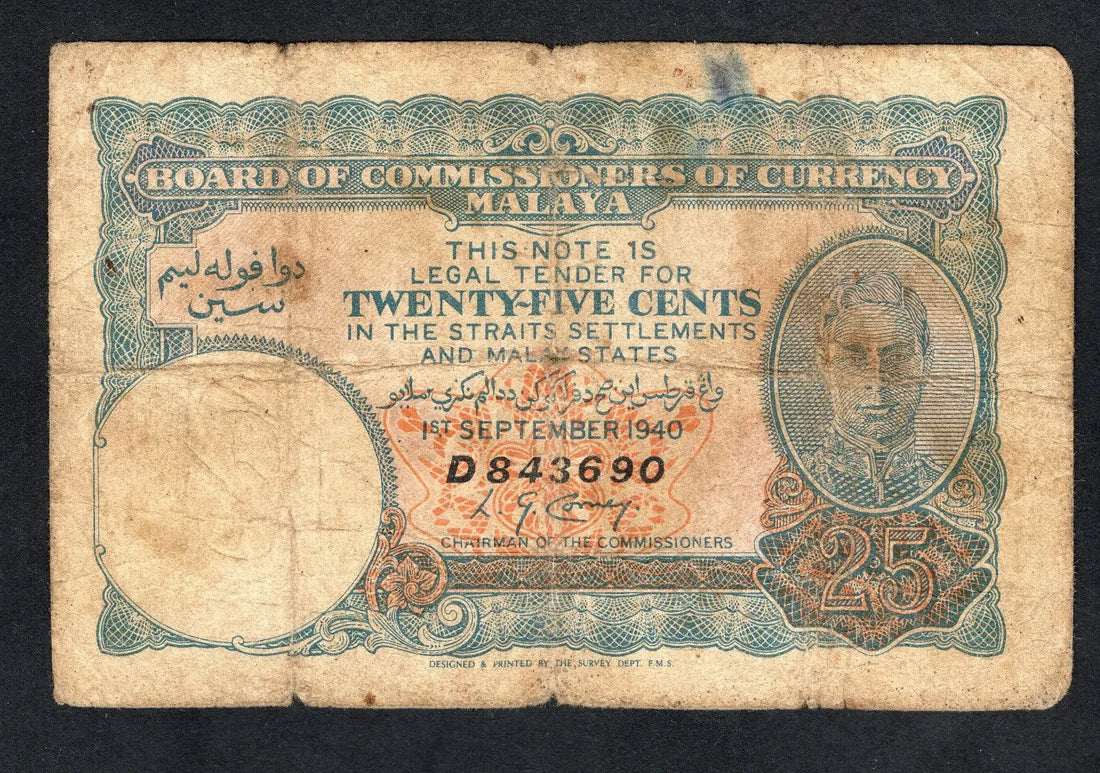 front of Straits Settlements & Malaya. 25 Cents Banknote 1940. George VI. P9 Used  /W1