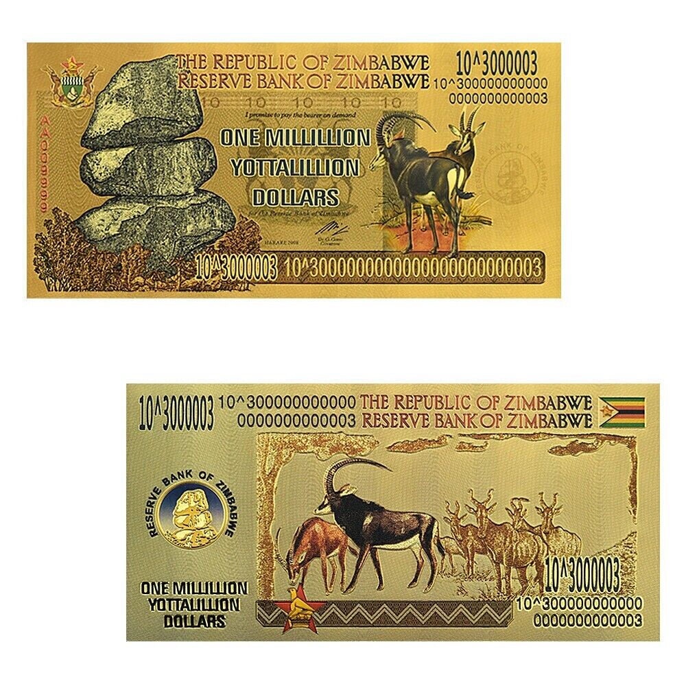 Zimbabwe 1 Million Yottalillion Dollars Gold Foil Banknote Reserve Bank - worldbanknote