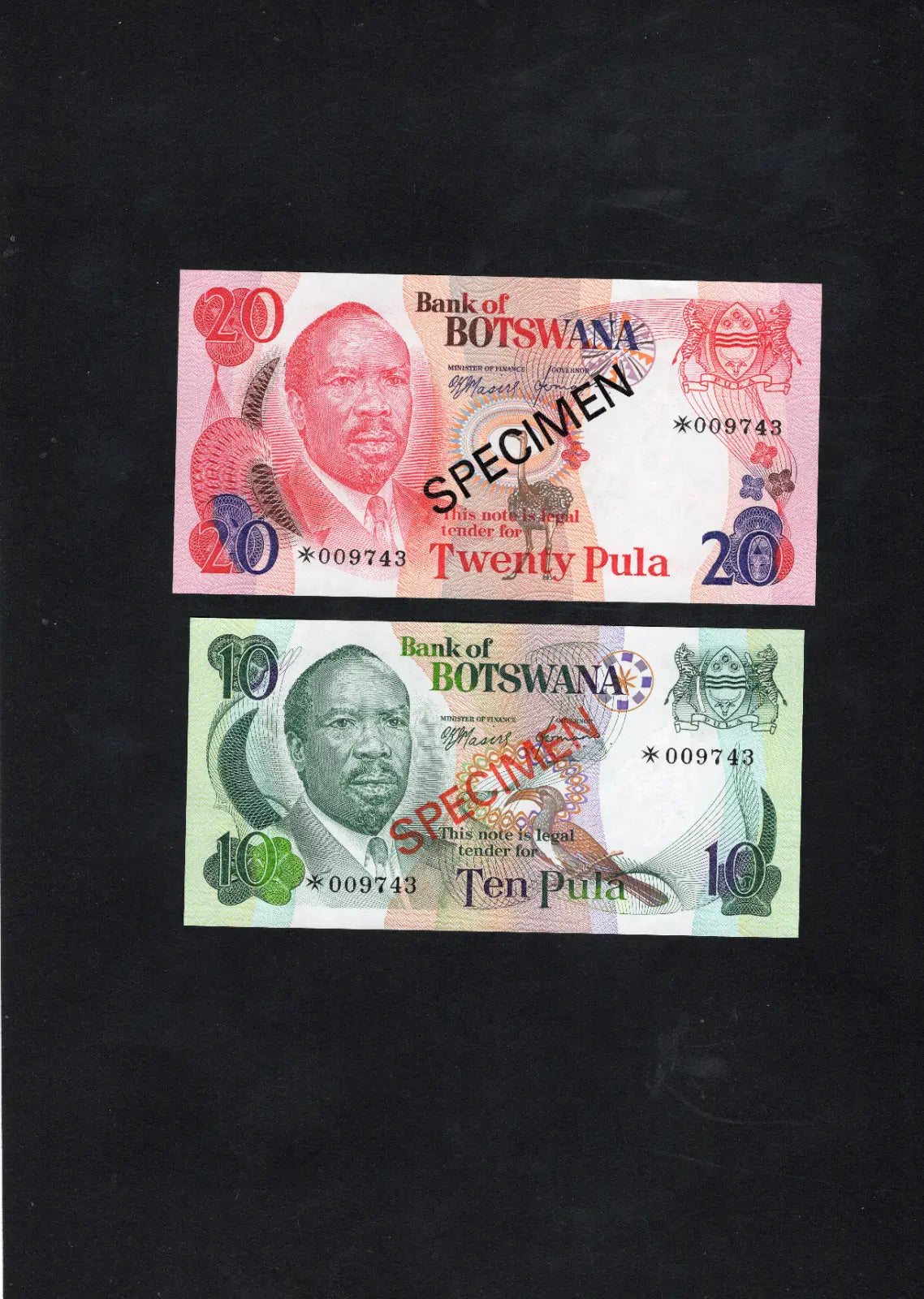 BOTSWANA 1978 SPECIMEN SET of 5 x BANKNOTES 1 - 20 PULA UNCIRCULATED/d10