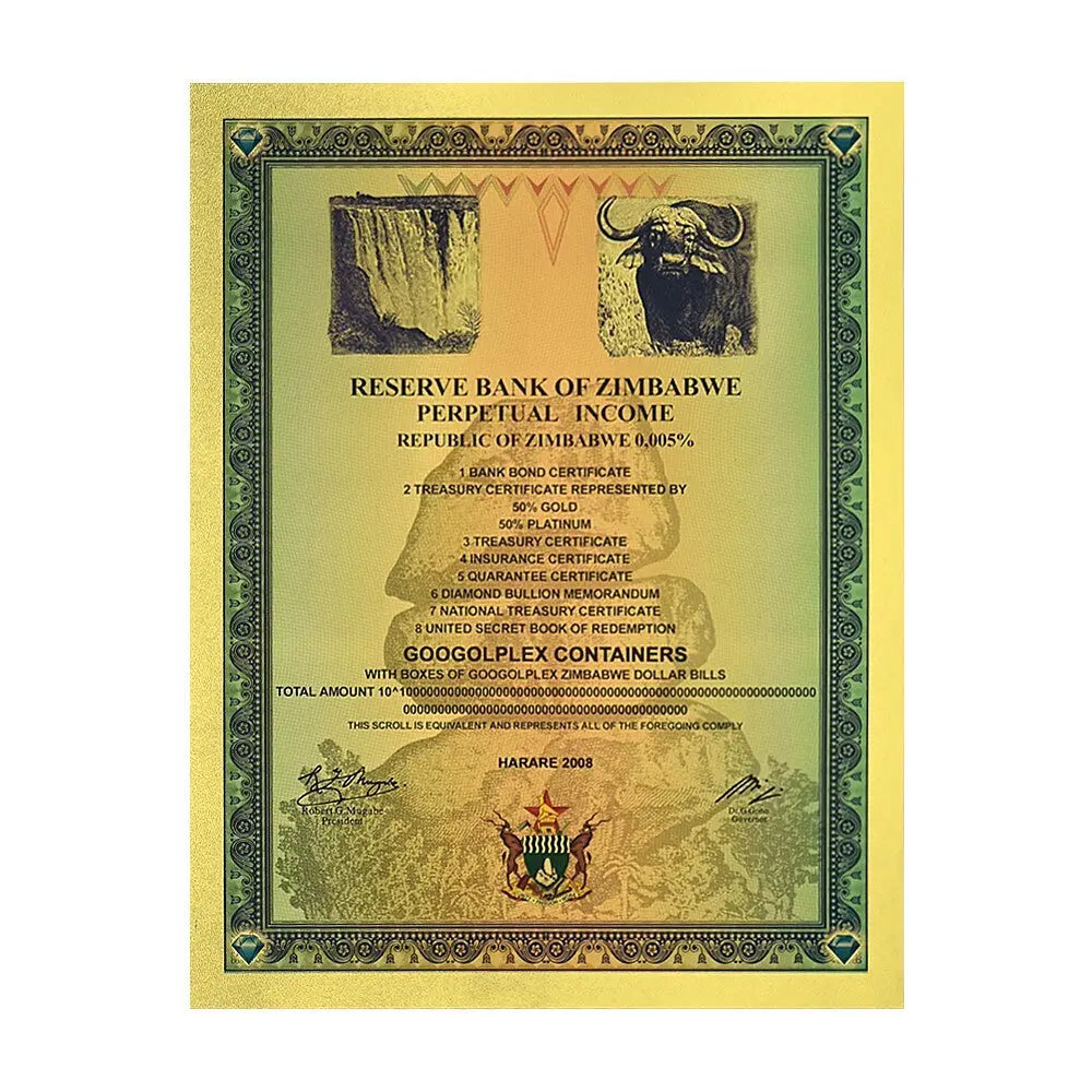 Googolplex Containers Gold Foil Banknote Zimbabwe Large Certificate Collectibles