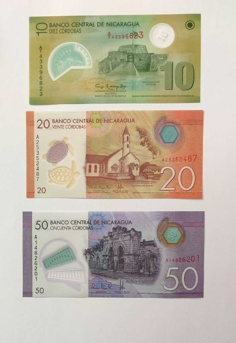 Nicaragua 10 + 20 + 50 Cordobas 2014 Polymer Set of 3 Banknotes 3 PCS UNC - worldbanknote