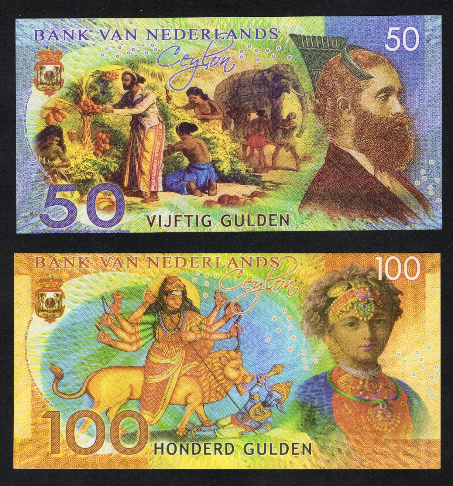 Netherlands Ceylon Set, 50;10;500;1000 Gulden, 2016 Private Issue POLYMER UNC
