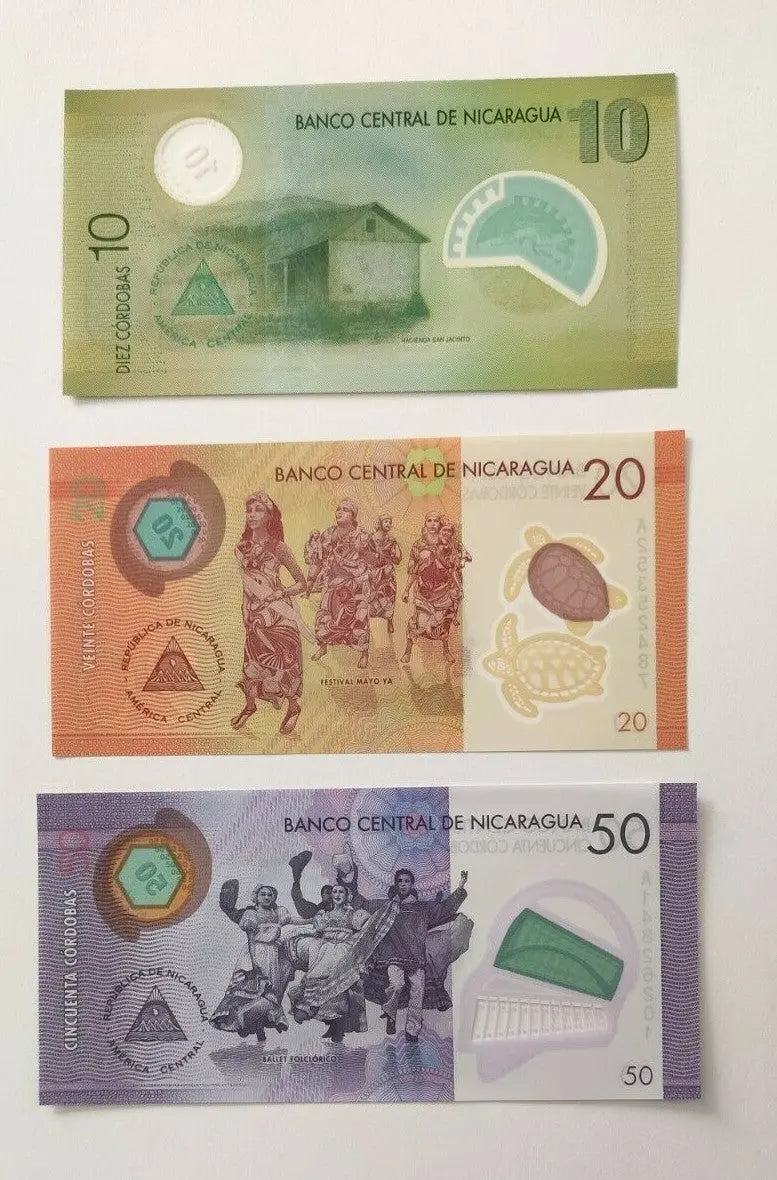Nicaragua banknotes 10, 20, 50 córdobas featuring local landmarks, cultural dancers, and turtle design.
