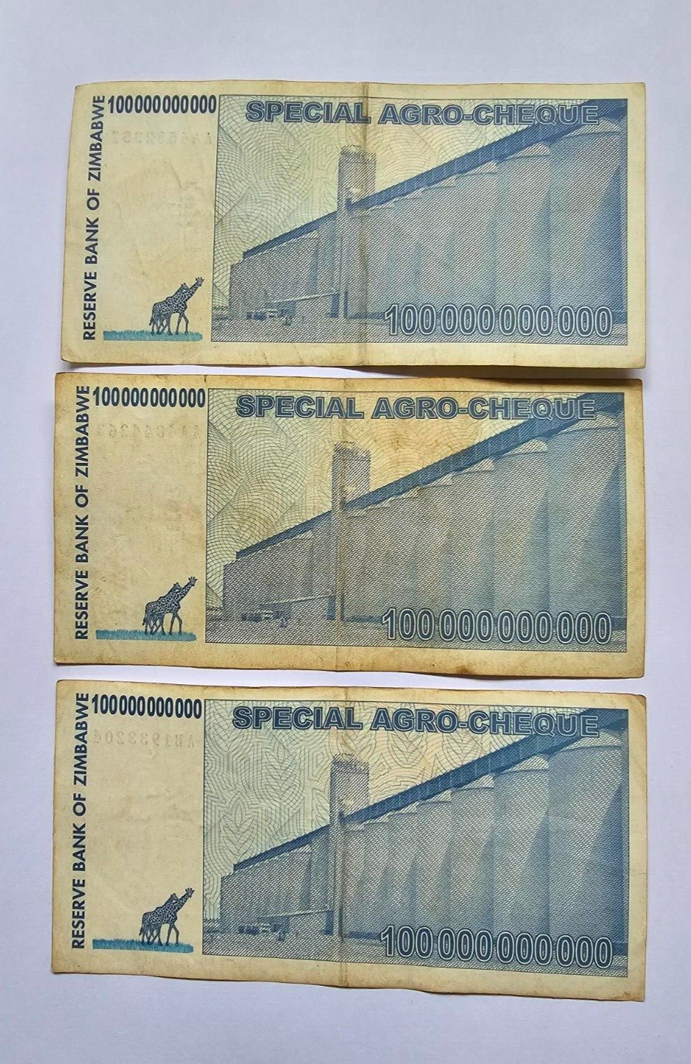 Zimbabwe 3x 100 Billion Dollars 2008 USED - worldbanknote