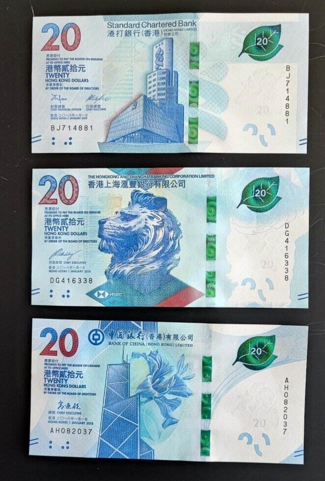 Hong Kong Set 3 Pcs 20 Dollars 2018/2020 P 218 302 348 SCB HSBC BOC UNC - worldbanknote