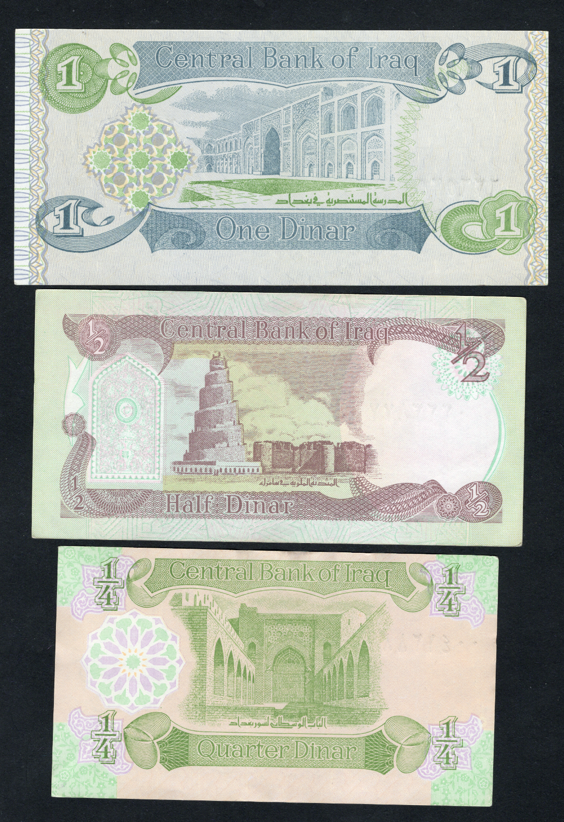 Set of 3 Iraq Banknotes Iraqi Dinar 1/4,1/2 ,1 Dinar 1990/1999 Very Fine