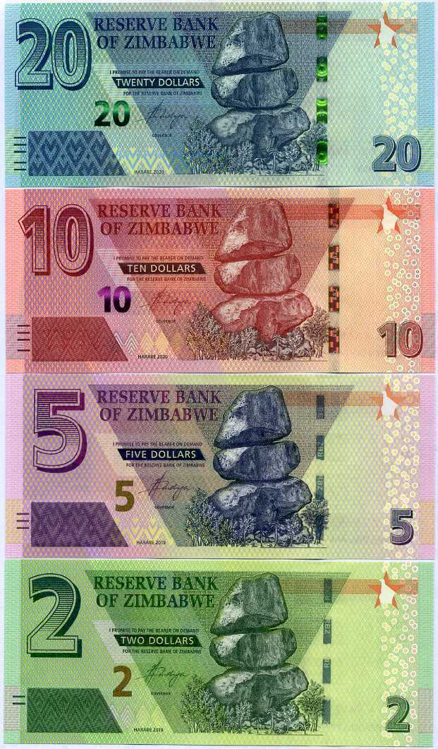 Zimbabwe banknotes 2, 5, 10, and 20 dollars with balancing rock design, colorful currency