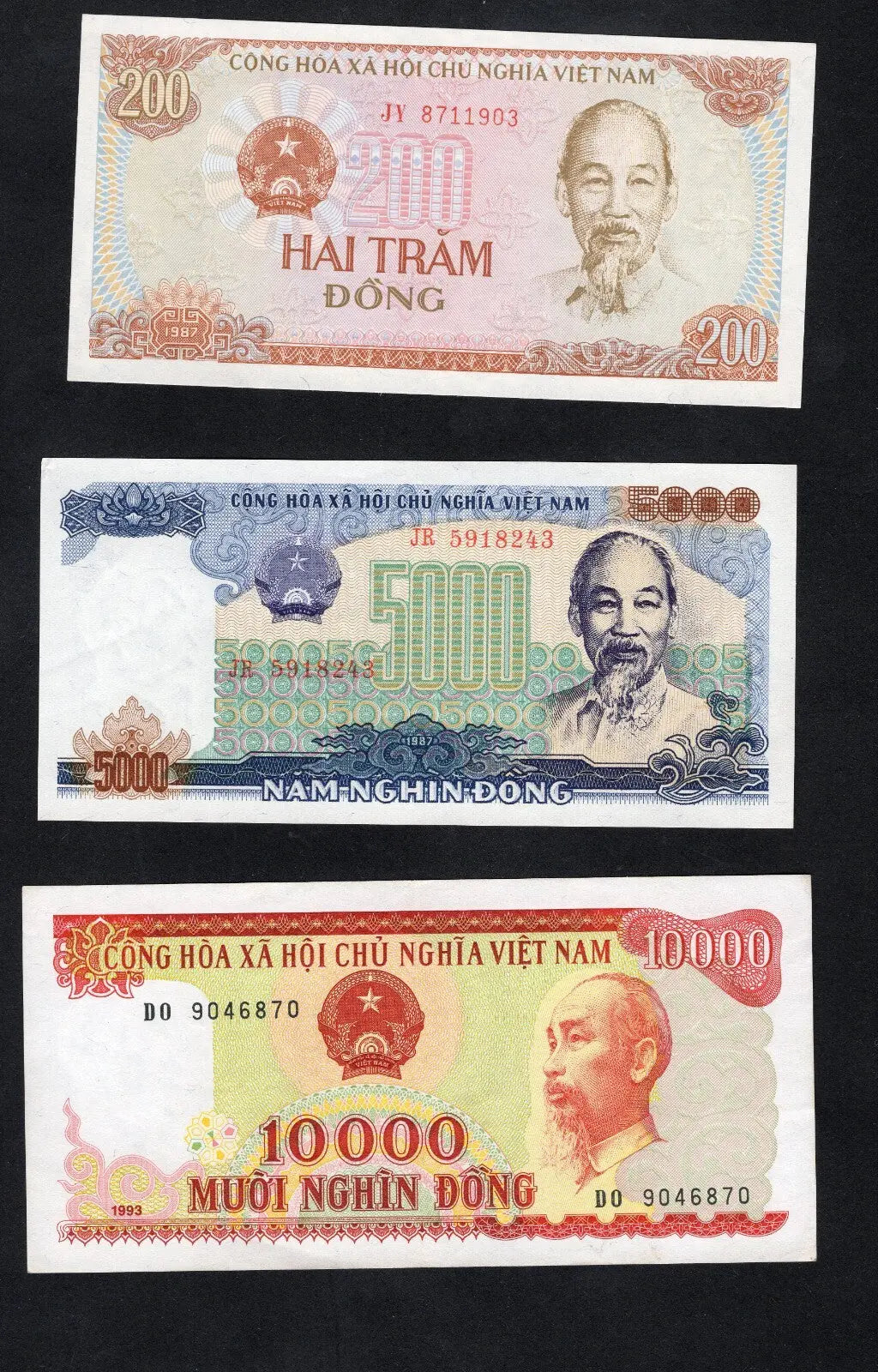 Vietnam  200, 5000, 10000 dong 1987/1993  Used/ref d5