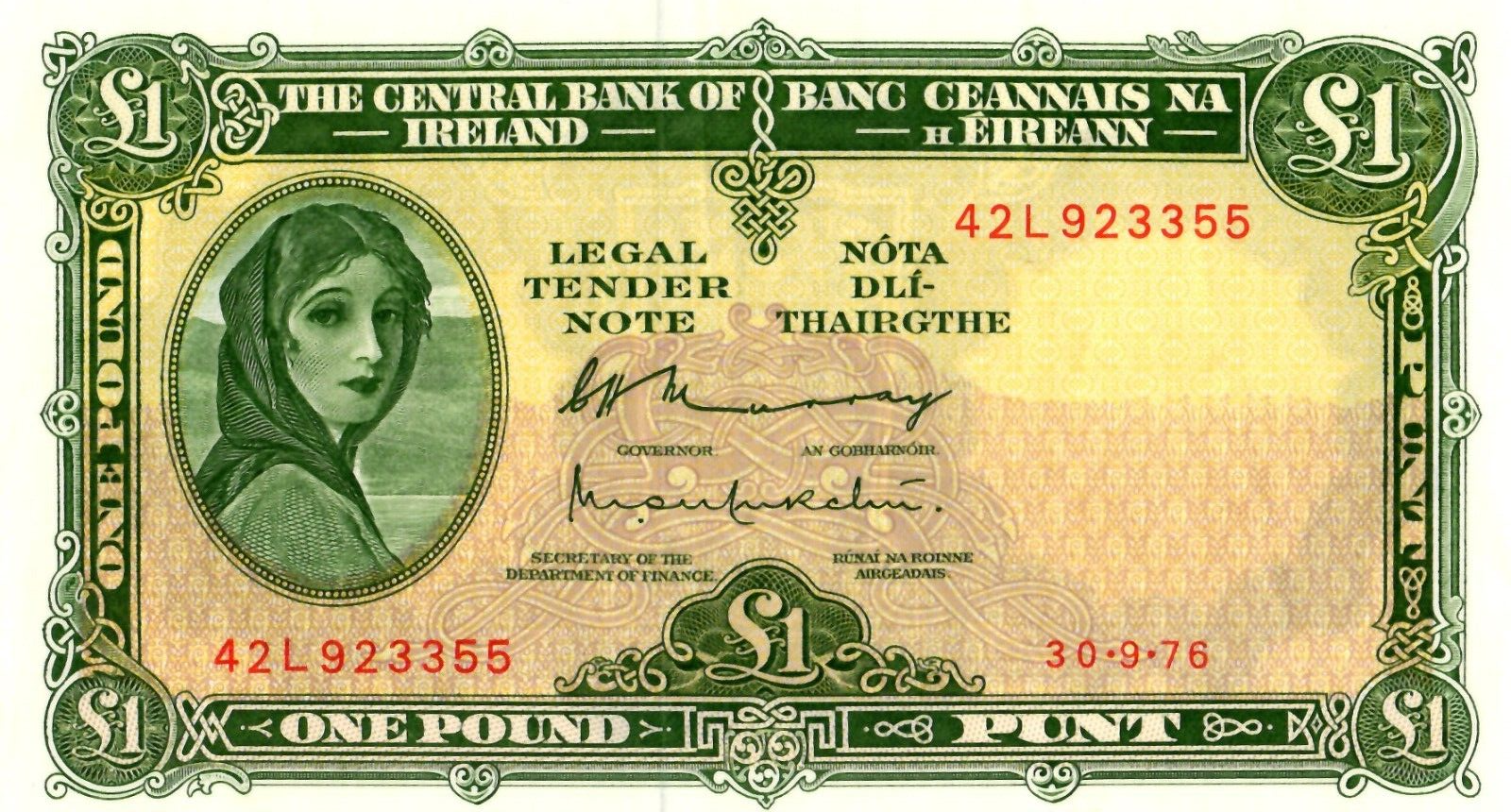 Ireland Lady Lavery 1 pound Note 1976 UNC /B43 - worldbanknote