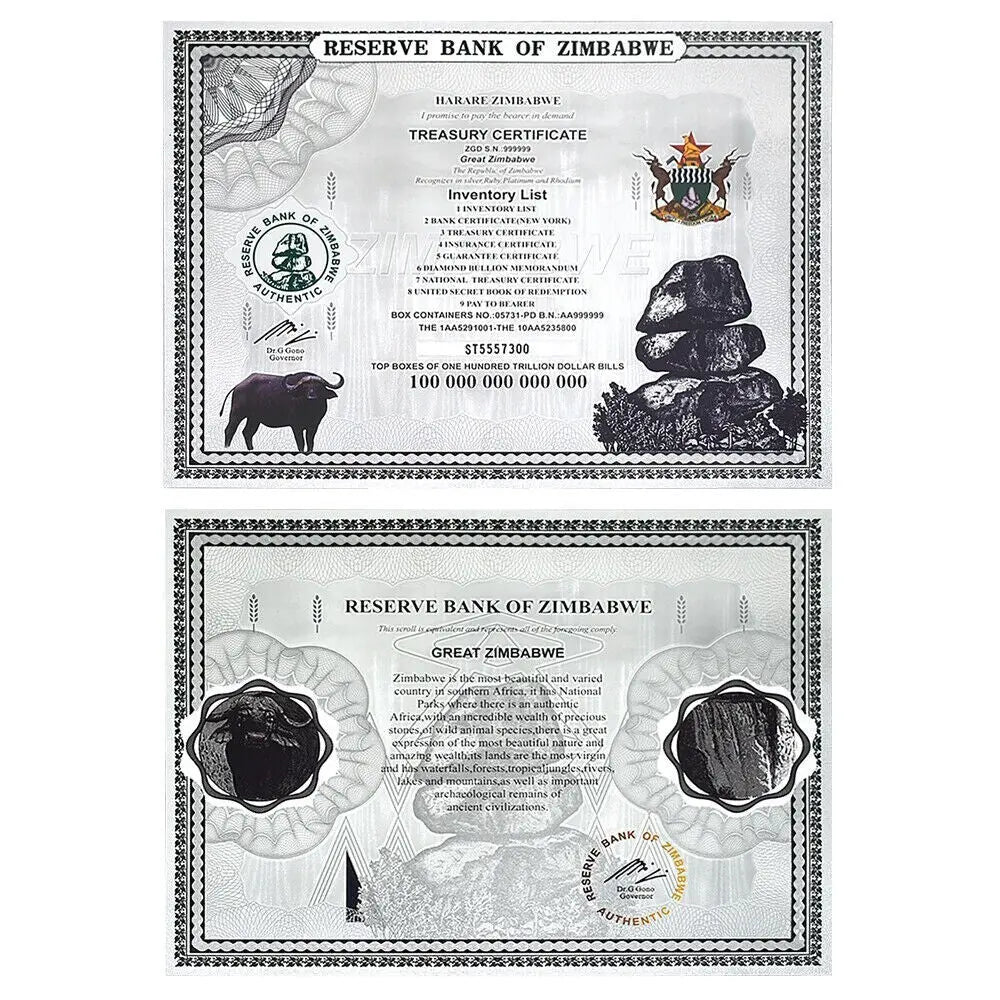 100 Trillion Dollar Silver Foil Banknote Zimbabwe Large Certificate Collectibles