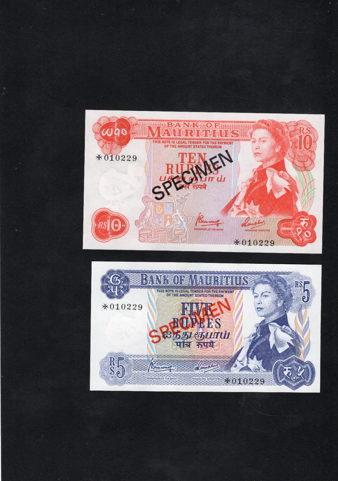 MAURITIUS 1978 SPECIMEN OF 4 x BANKNOTES 5 , 10 , 25 , 50 , RUPEES UNC/D10