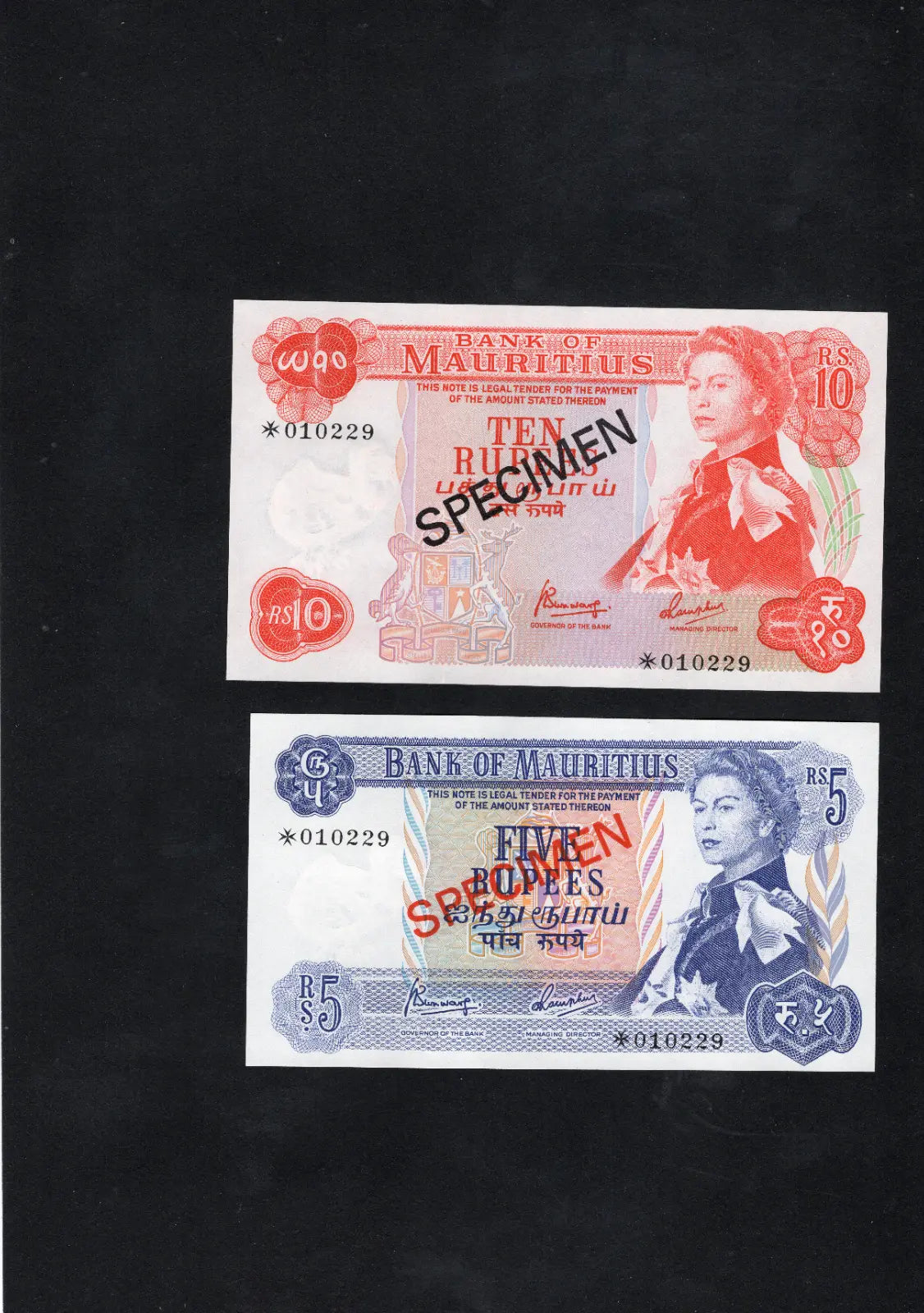 MAURITIUS 1978 SPECIMEN OF 4 x BANKNOTES 5 , 10 , 25 , 50 , RUPEES UNC/D10