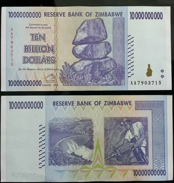 Zimbabwe 10 billion dollar banknote with balancing rocks, waterfall, and worker illustrations