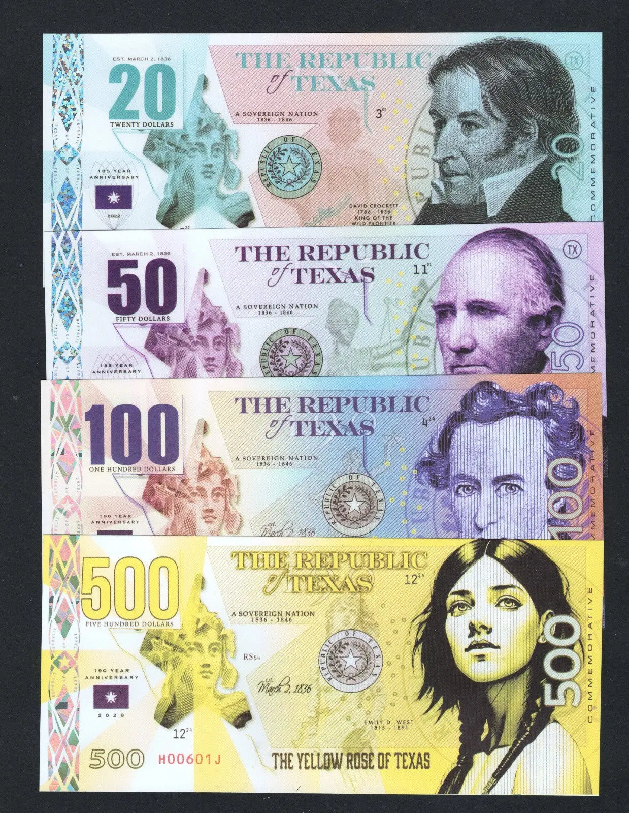 Set of 4 Republic of Texas Polymer Banknotes 20, 50, 100, 500 Dollars  Fantasy