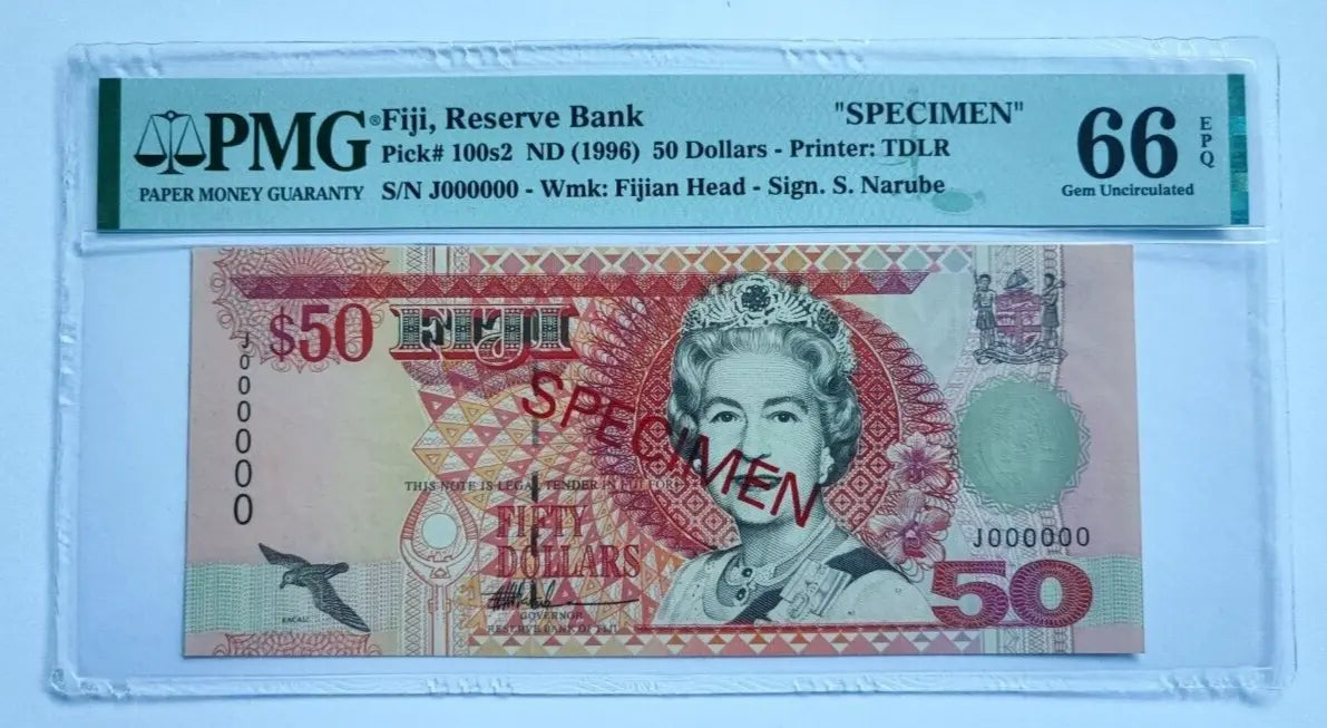 Fiji 50 Dollars Specimen 1996 Pk 100s2 PMG 66 EPQ Gem Unc