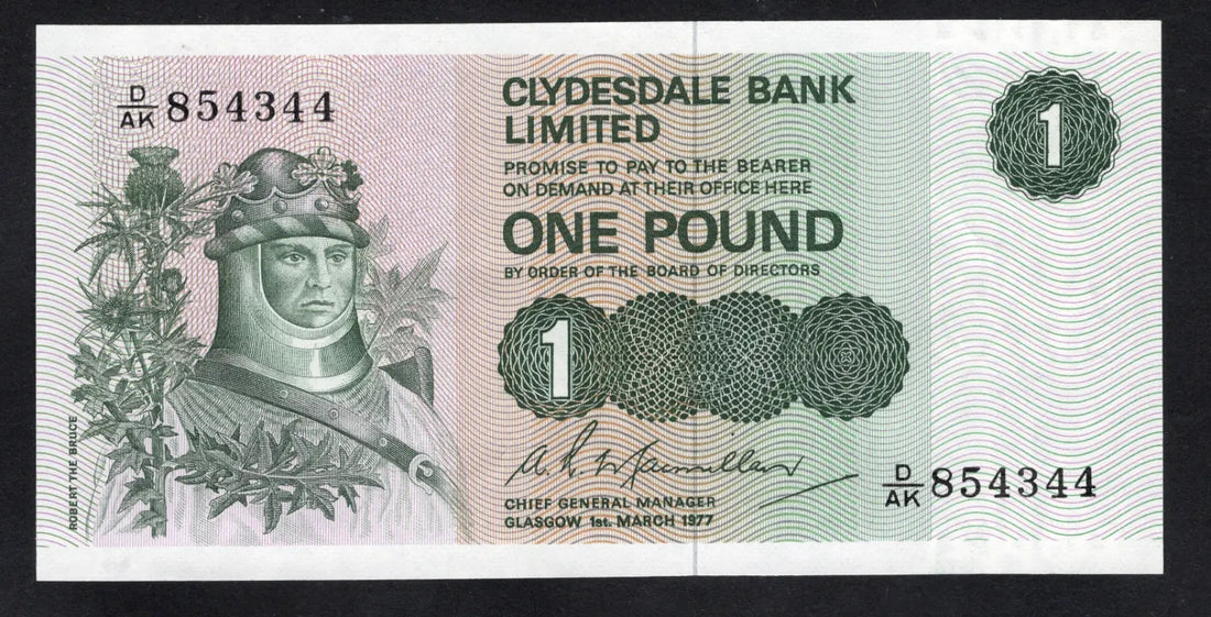 front of Clydesdale Bank one pound 1977  AUNC/D15