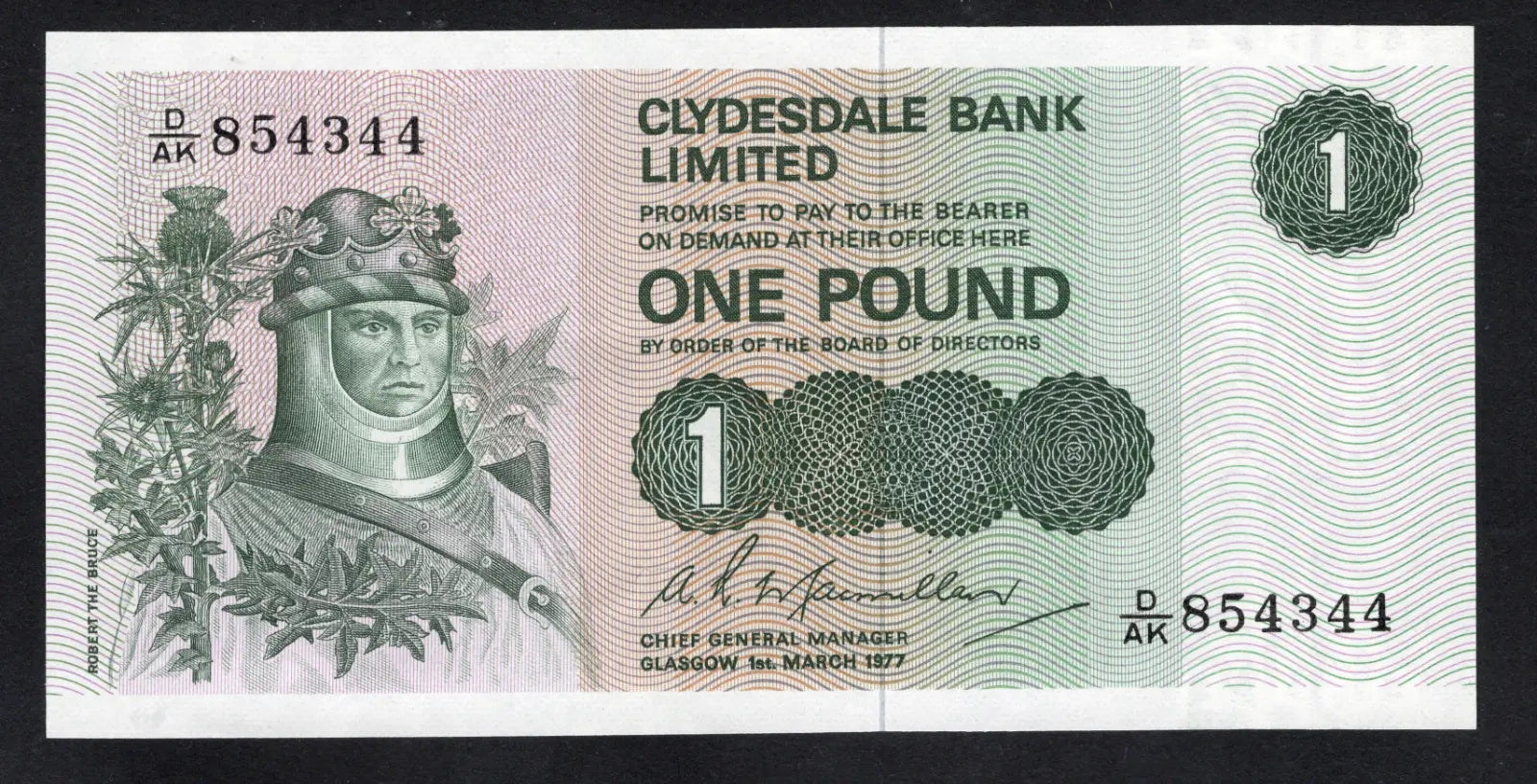 front of Clydesdale Bank one pound 1977  AUNC/D15