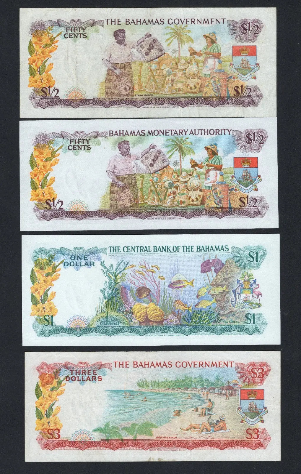 Front of A SET OF 4 BAHAMAS  BANKNOTES(1/2,1/2,1, 3 DOLLARS) 1965/1974 AUNC 