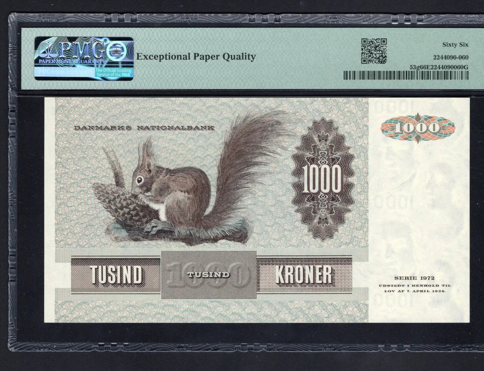 back of Denmark 1000 Kroner, 1992 * Thomasine Heiberg * PMG Gem UNC 66 EPQ *