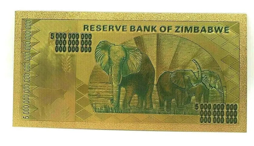 Zimbabwe 5 Octillion Dollars Gold Foil Banknote 100 Trillion Series