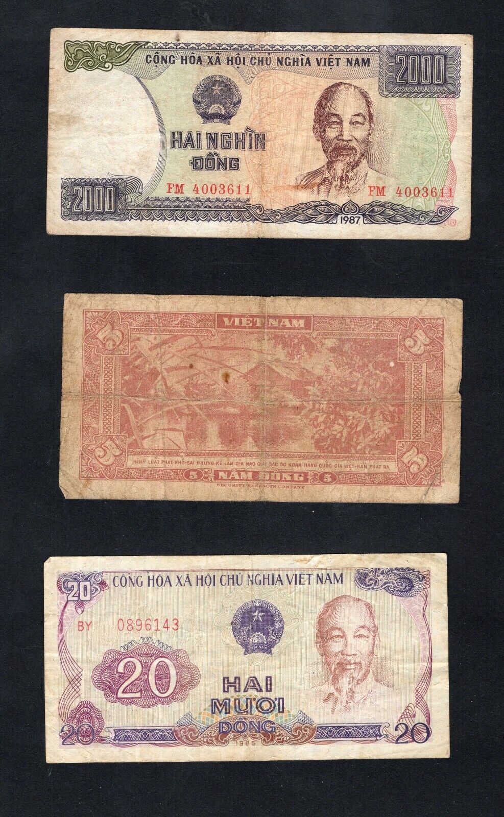 set of 3 notes:South Vietnam 5 to 2000 Dong 1985/1987 Used/ref d5 - worldbanknote