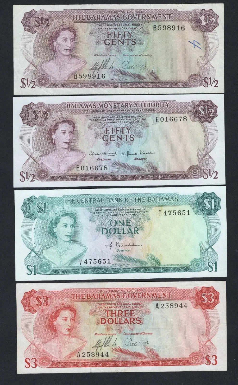 Front of A SET OF 4 BAHAMAS  BANKNOTES(1/2,1/2,1, 3 DOLLARS) 1965/1974 AUNC 