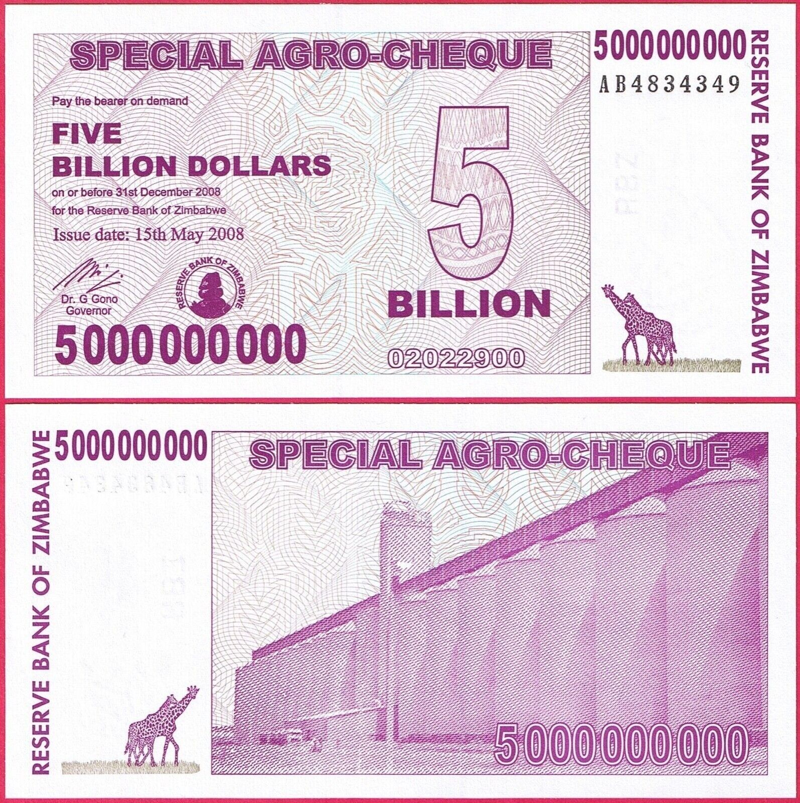 ZIMBABWE 5 BILLION DOLLARS 2008 SPECIAL AGRO CHEQUE UNC - worldbanknote
