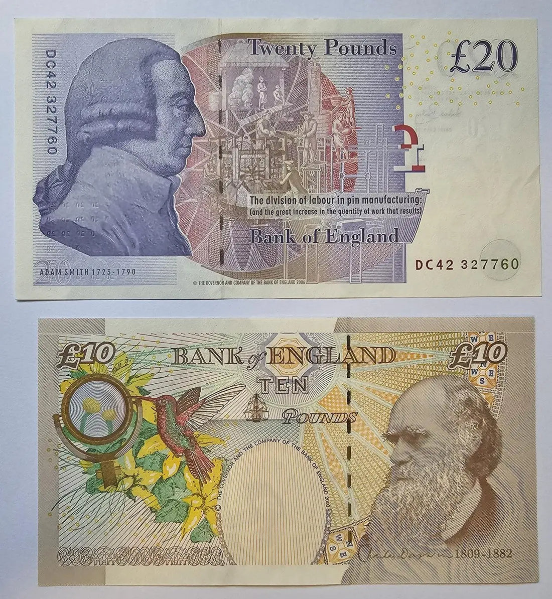 front of BANK OF ENGLAND £20 AND 10 POUNDS EF/ D15