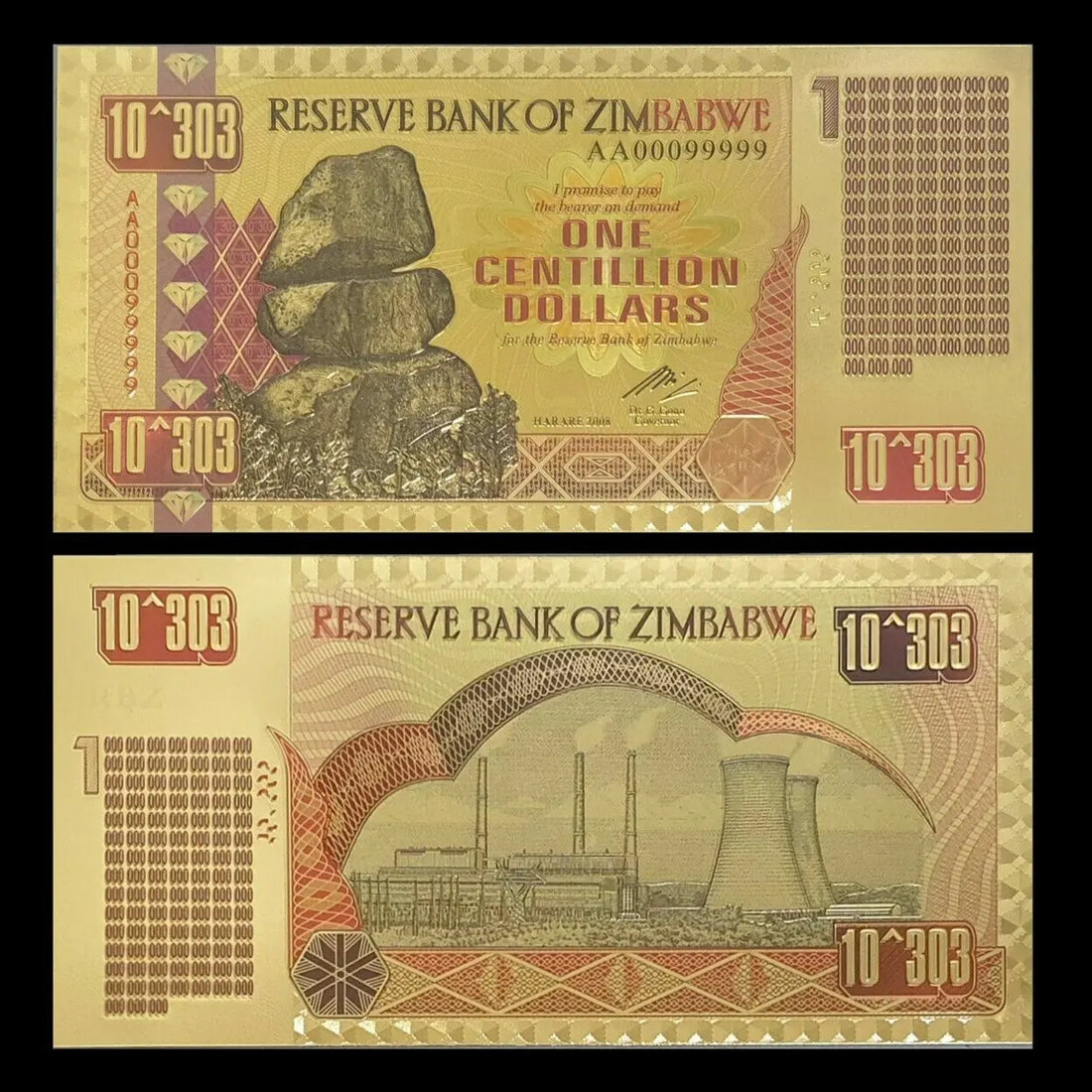 10xZimbabwe 1 Centillion Dollars 24K Gold Foil Banknote 100 Trillion Series
