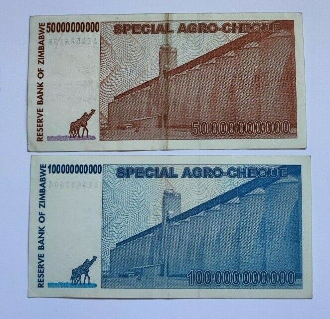 Zimbabwe 5 , 25 , 50 , 100 Billion Dollars Special Agro-Cheque 2008 Used 4 PCS - worldbanknote