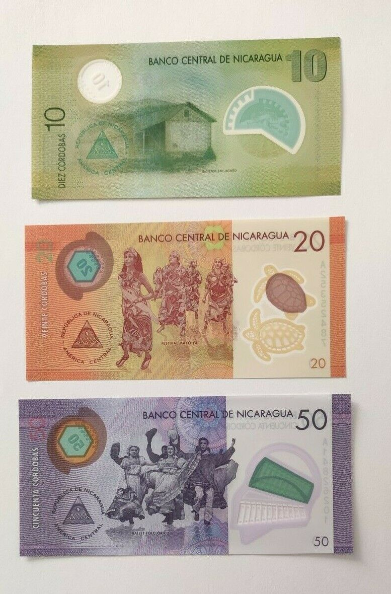Nicaragua 10 + 20 + 50 Cordobas 2014 Polymer Set of 3 Banknotes 3 PCS UNC - worldbanknote