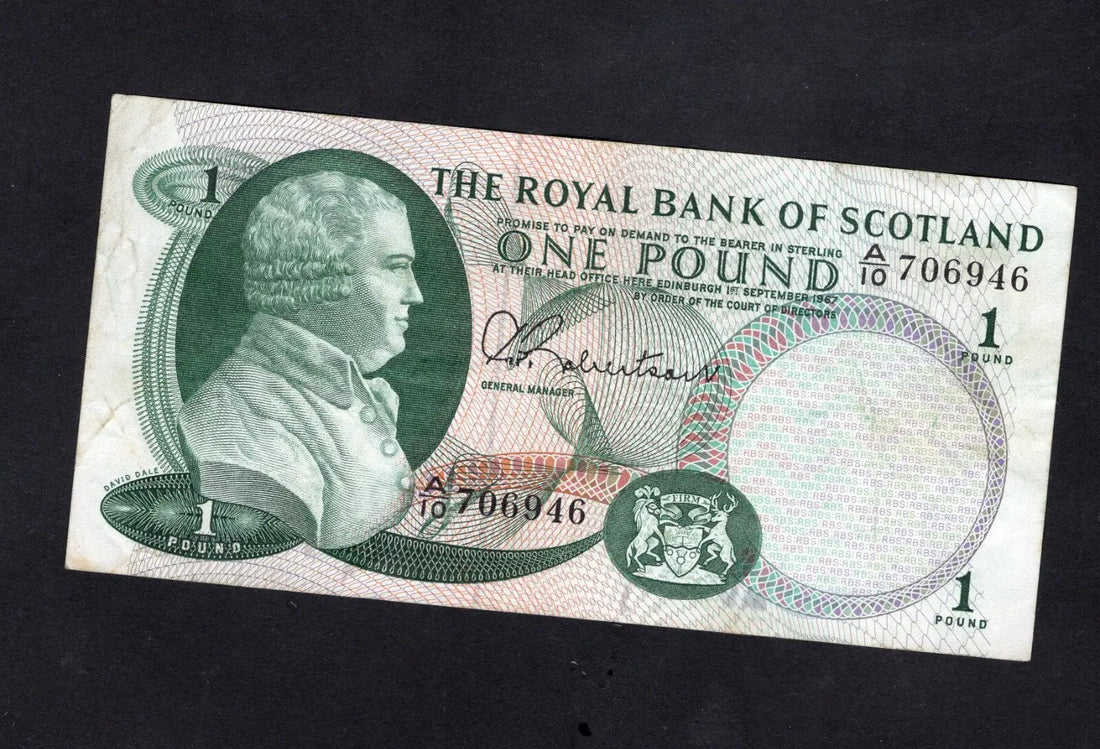 A collection of seven British £1 banknotes from the Royal Bank of Scotland, Bank of England, and States of Jersey, dated between 1959 and 1976.