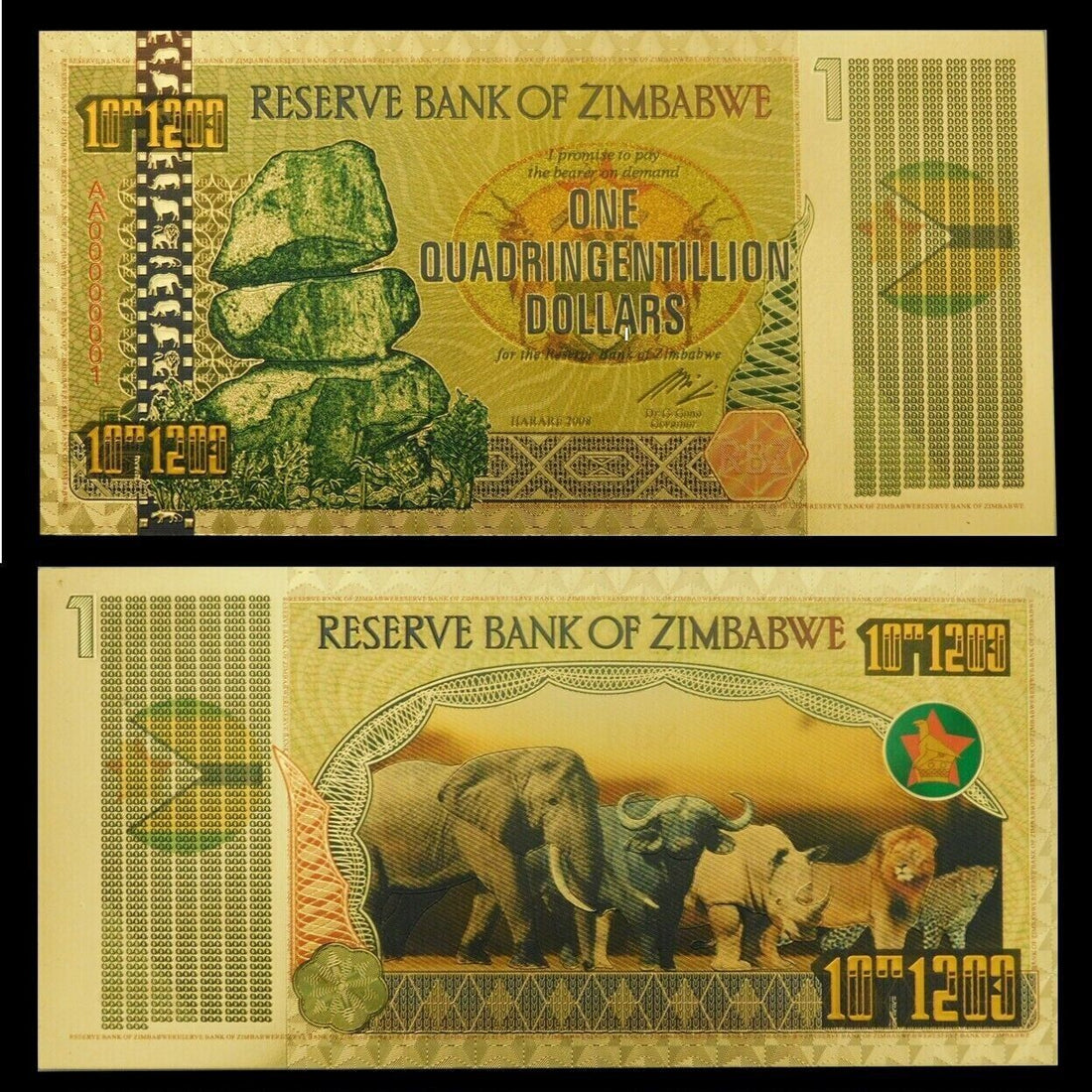 Zimbabwe 1 Quadringentillion Dollars Gold Foil Banknote 100 Trillion Series - worldbanknote