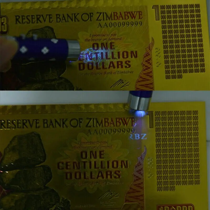 10xZimbabwe 1 Centillion Dollars 24K Gold Foil Banknote 100 Trillion Series