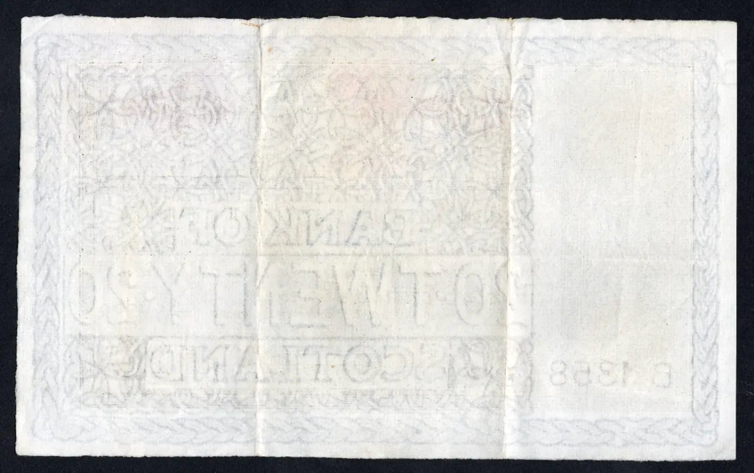 Front and back view of a 1958 Bank of Scotland £20 banknote, Pick 94f, signed by Bilsland and Watson, featuring the Queen Victoria portrait.
