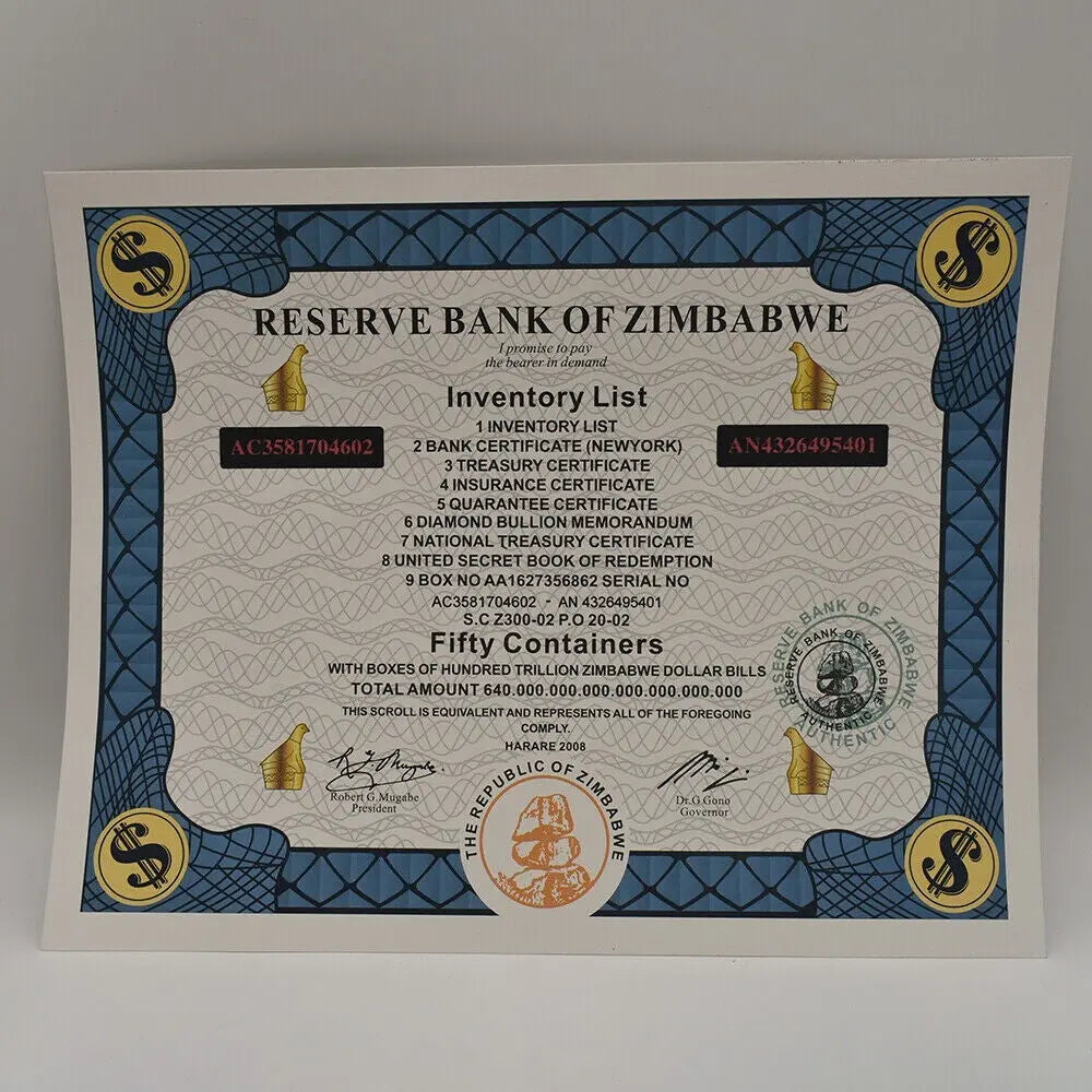 Zimbabwe :Inventory List: Fifty Containers  certificates