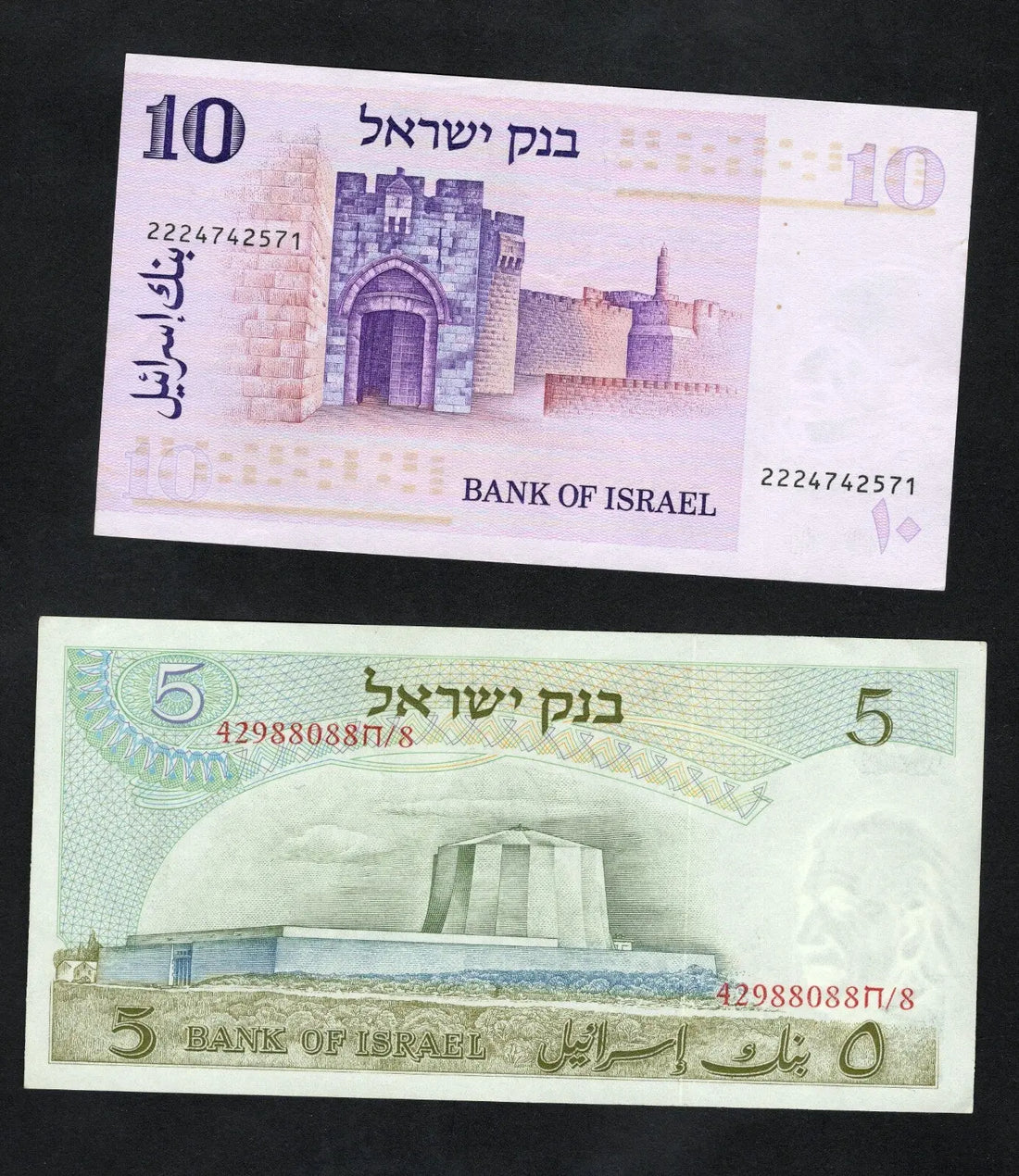 :Front view of two Israeli banknotes: a green 5 Lirot note featuring Albert Einstein and a purple 10 Lirot note featuring Sir Moses Montefiore.