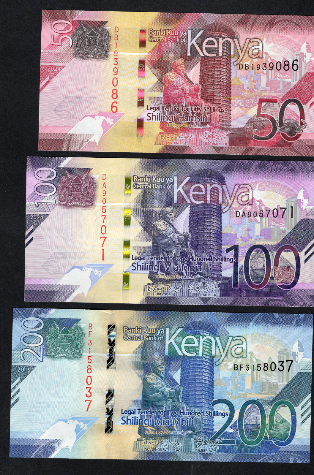 KENYA  set of 5 notes: 50,100,200, 500, 1000  SHILLINGS 2019/2024 UNC