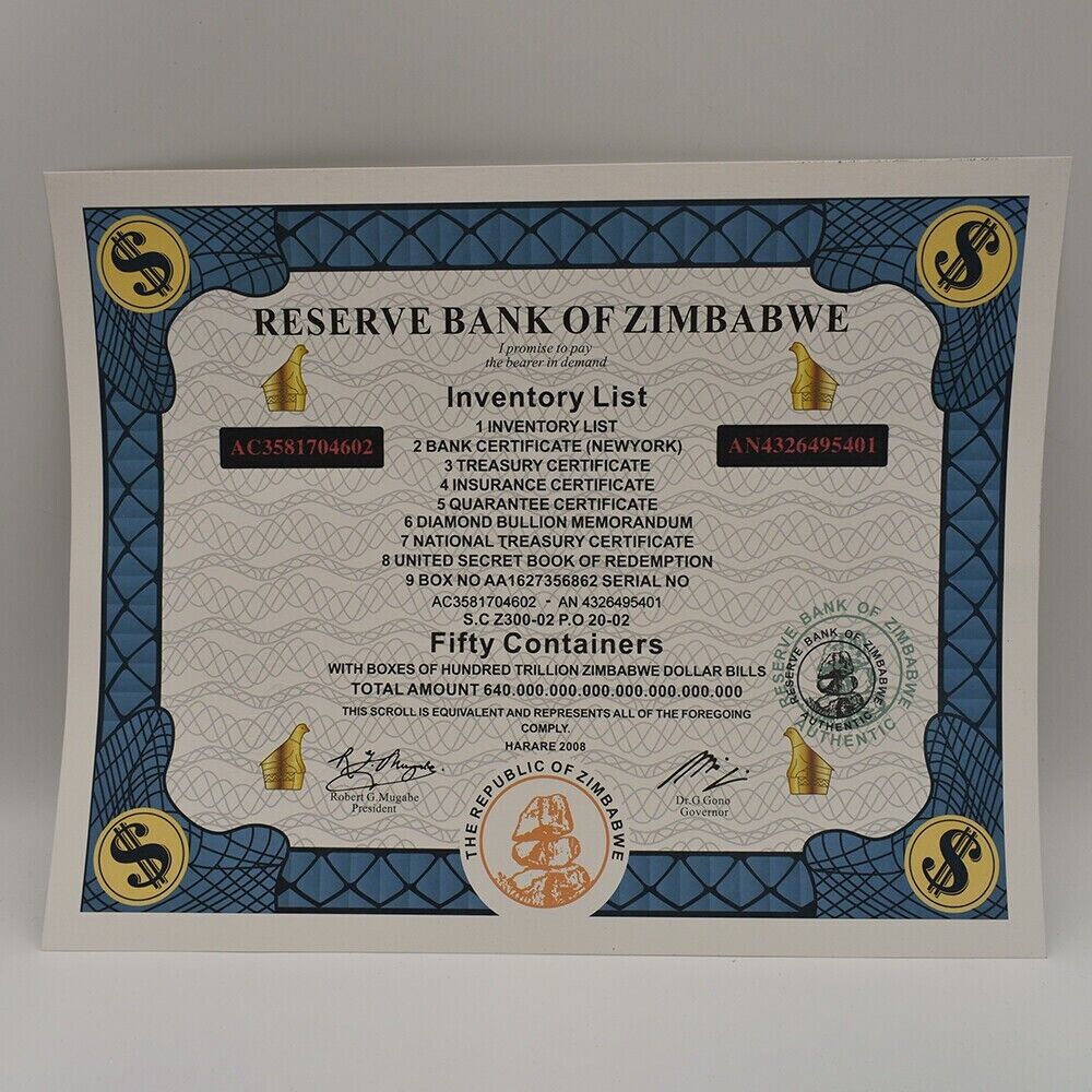 Zimbabwe :Inventory List: Fifty Containers certificates - worldbanknote