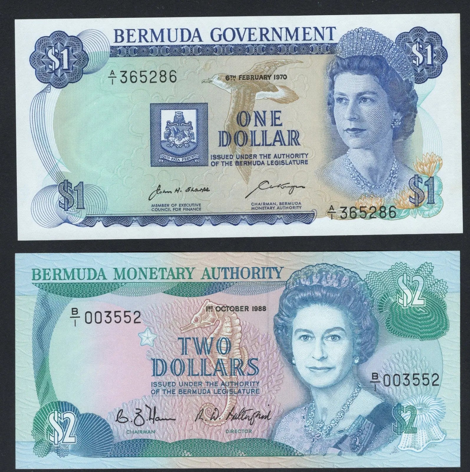 BERMUDA  One dollar (1970) 2 dollars(1988) UNC/F10