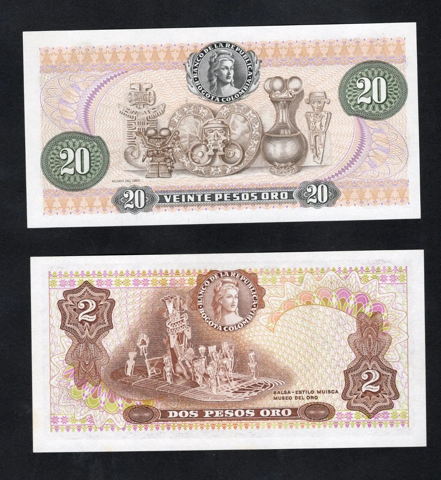 Set Of 2 notes :COLOMBIA 2 Pesos (1977) 20 Pesos Banknote (1983) /d11