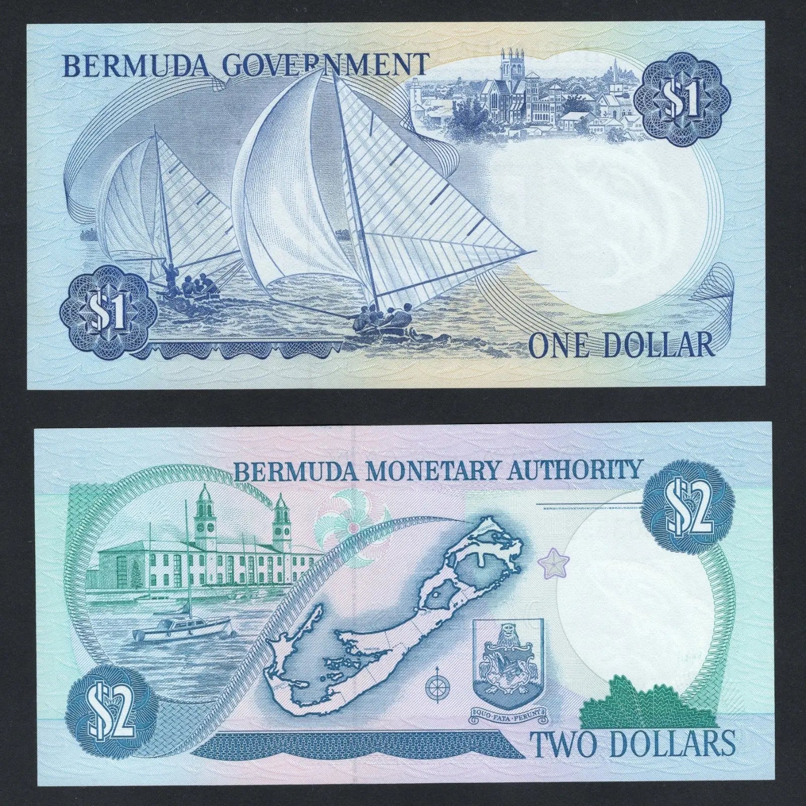 BERMUDA  One dollar (1970) 2 dollars(1988) UNC/F10