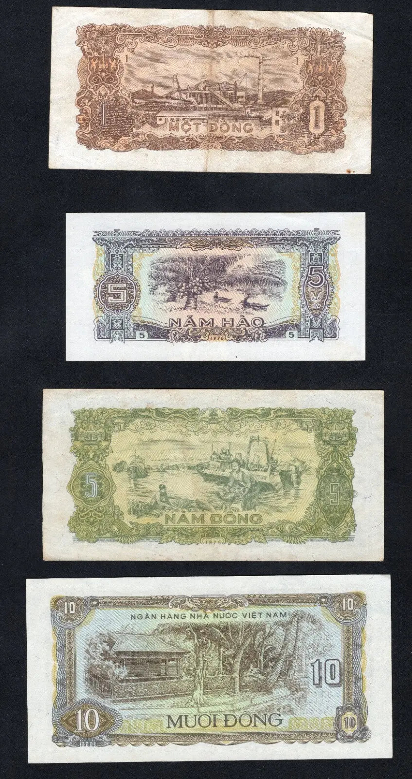 set of 4 notes:South Vietnam 1,5,5,and 10 Dong 1976/1980 Fine/ref d5