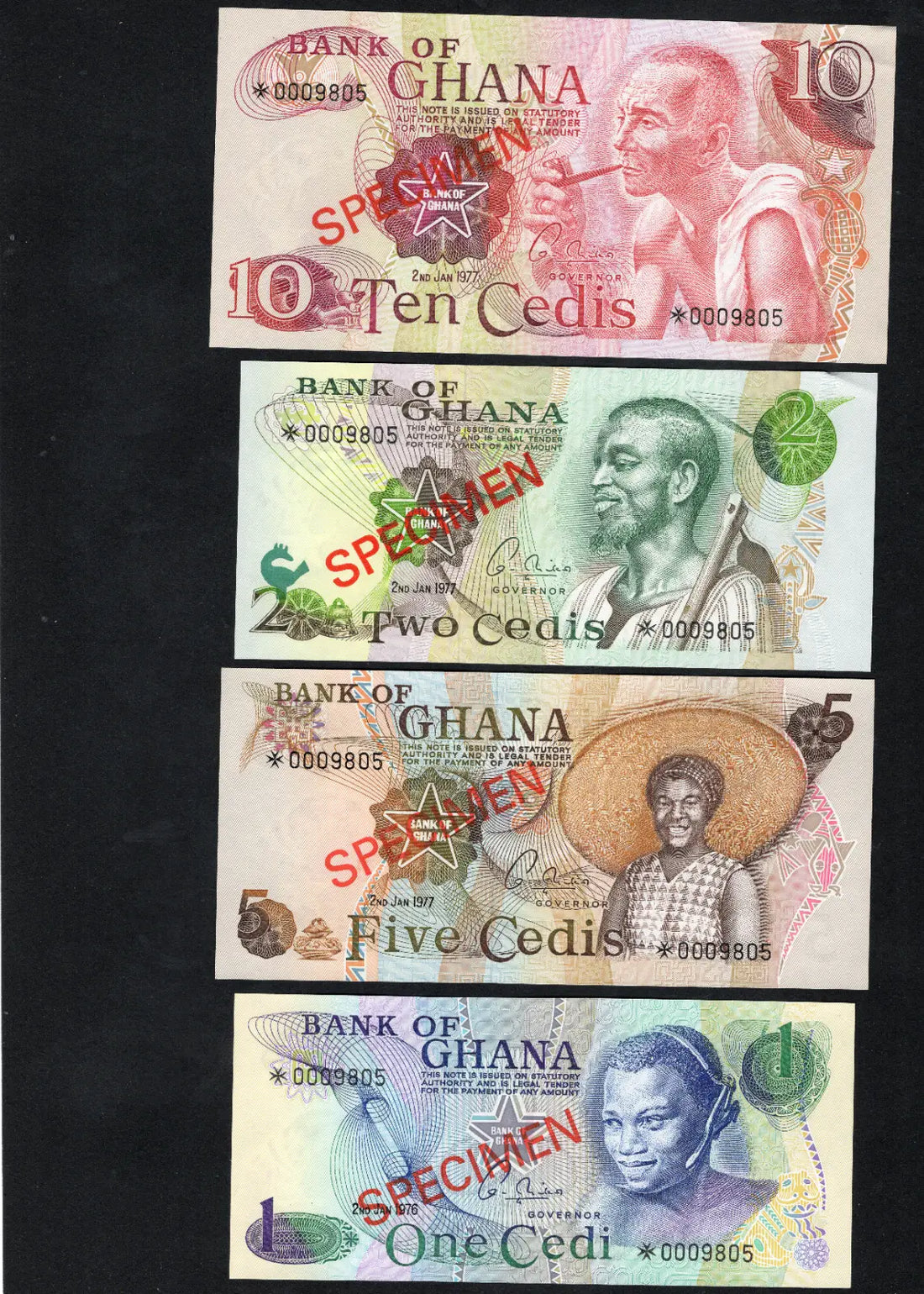 front of GHANA 1976/7 . 1 - 10 CEDIS  SPECIMEN BANKNOTE UNC /d10
