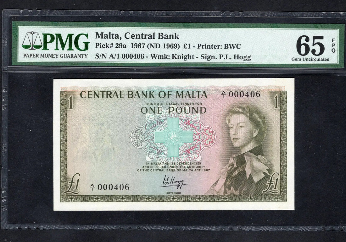 FRONT OF Malta 1 Pound Banknote 1967 First Run Low Serial Number P29a PMG65 EPQ