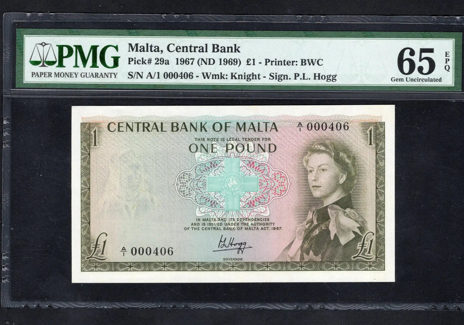 FRONT OF Malta 1 Pound Banknote 1967 First Run Low Serial Number P29a PMG65 EPQ